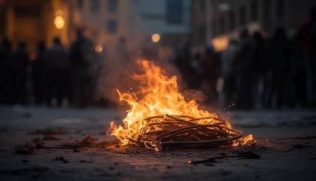 Burning firewood glows in the dark night generated by AI