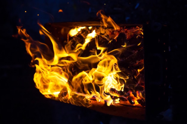 Burning firewood in the grill, preparation for the frying of meat, close-up