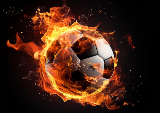 Burning football ball bright flamy symbol abstract on black background