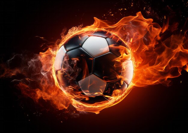 Photo burning football ball bright flamy symbol abstract on black background