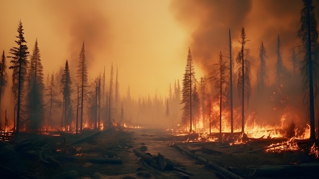 Burning forest after wildfire in Yellowstone National Park Wyoming USA