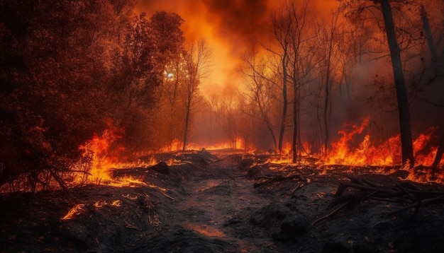 Burning forest destroyed landscape ash and smoke generated by AI