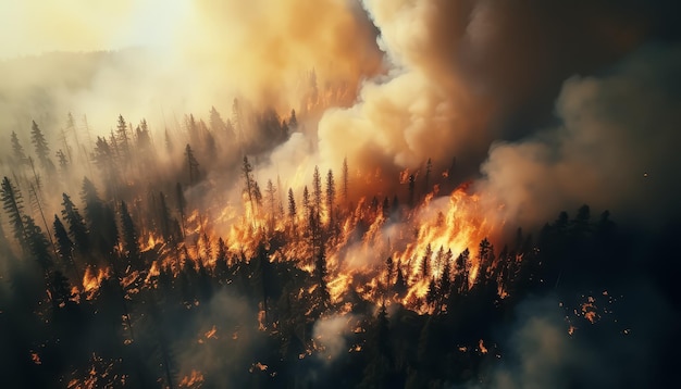 Burning forest drone view disaster