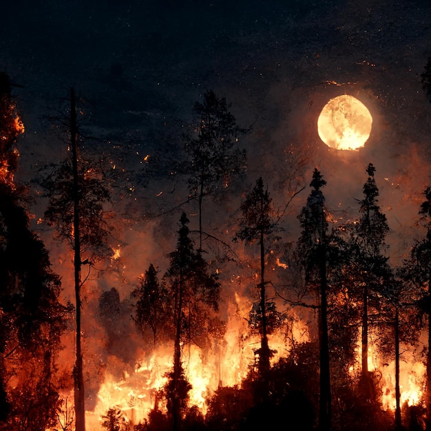 Burning Forest. Fantastic Epic Landscape Fire and flame. Artwork sketch  Gaming RPG background