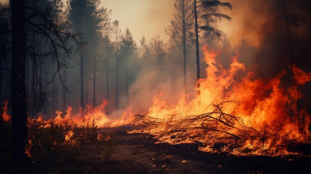 burning forest fire destroys natural environment and land