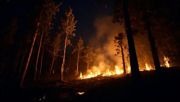 夜に燃える森の風景 燃える木 熱いオレンジ色の炎