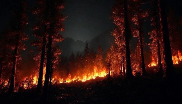 Burning forest landscape at night Trees on fire Hot orange flame