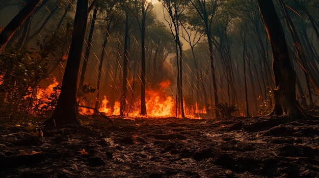 熱帯の燃える森のスライスの視点の美しい画像 Ai が生成したアート