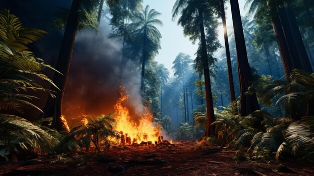 A burning forest slice perspective in the tropics beautiful image Ai generated art