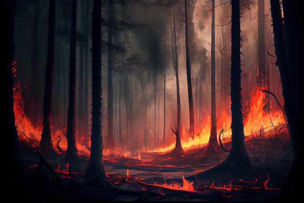 Burning forest top view 3d illustration Generative AI