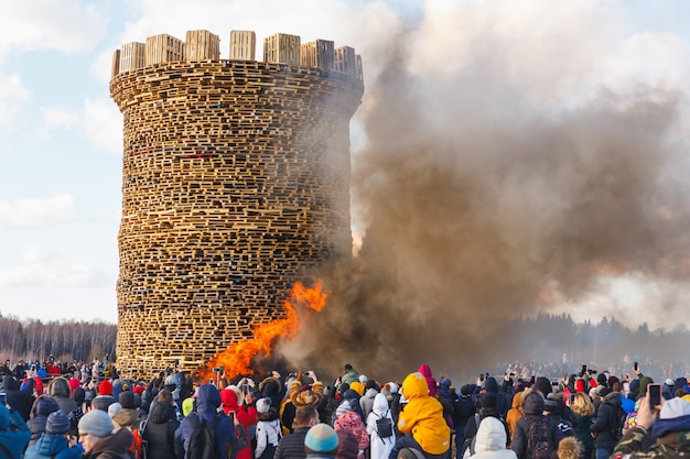 Burning of the fortress of the Bastille. Performance under the open sky. French Revolution Day.