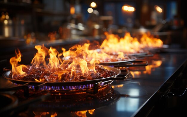 Горящий газовый горелок с пламенем на современной кухне