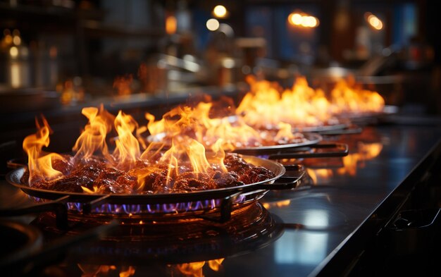 Burning gas burner with flames in modern kitchen