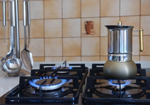 Burning gas gas stove burner hob in the kitchen