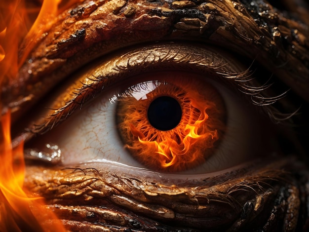 Photo burning gaze macro of human eye amidst fire flames