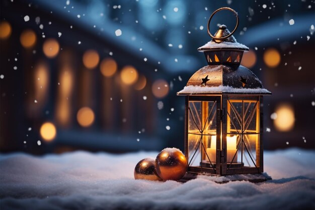 Burning glowing lantern in winter snow beautiful winter background
