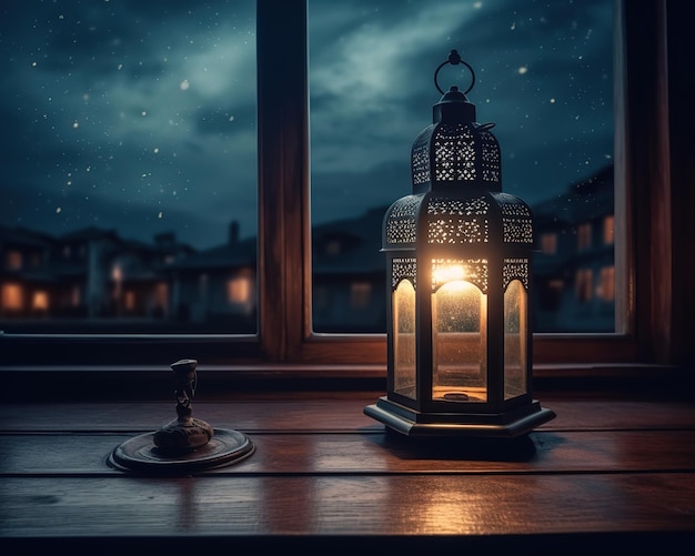 burning glowing lantern on wooden table ramadan background