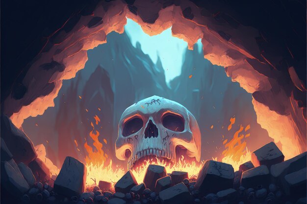 Burning graveyard in the skull cave digital art style illustration painting fantasy concept of a burning graveyard