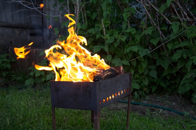 Burning grill against the green