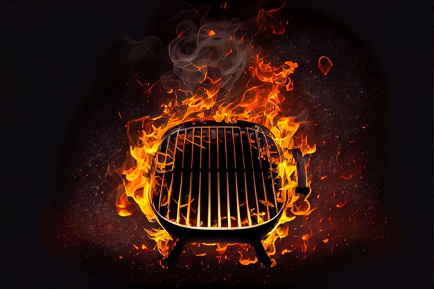 Burning grill on a black background flames from the grill grate 3d illustration Generative AI