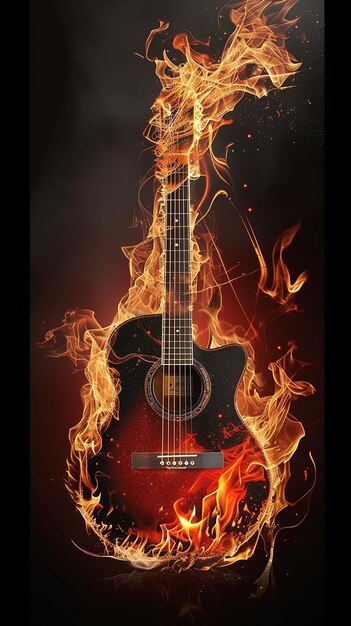 Photo a burning guitar on black background