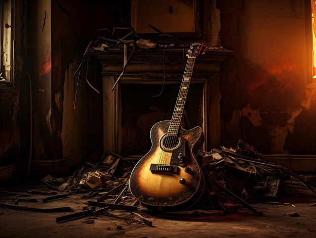 古い部屋で燃えているギター
