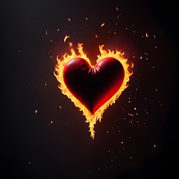 Photo burning heart on dark background ai generative