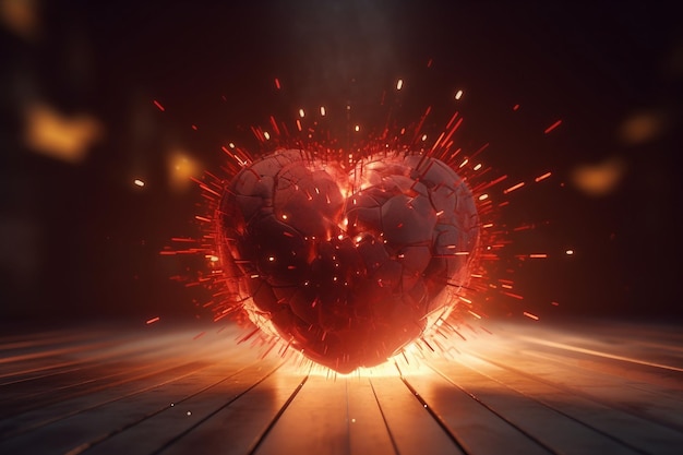 A burning heart is surrounded by a fireball