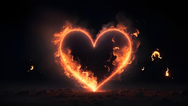 A burning heart shape on dark background