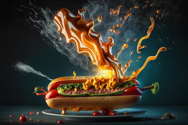 Burning hotdog on a black background