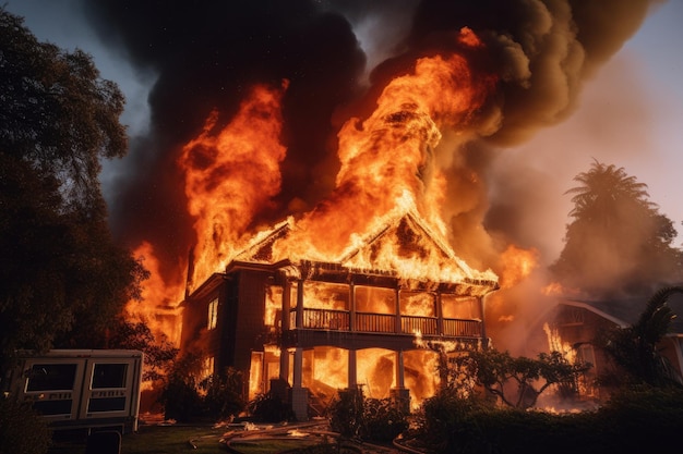 Foto casa in fiamme sullo sfondo di palme fuoco nella casa casa americana in fiamme e i vigili del fuoco stanno lavorando per spegnere le fiamme ai generato