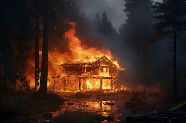 a burning house in a forest generative ai