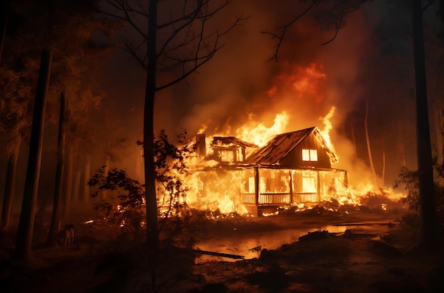 Foto una casa in fiamme in una foresta generativa ai