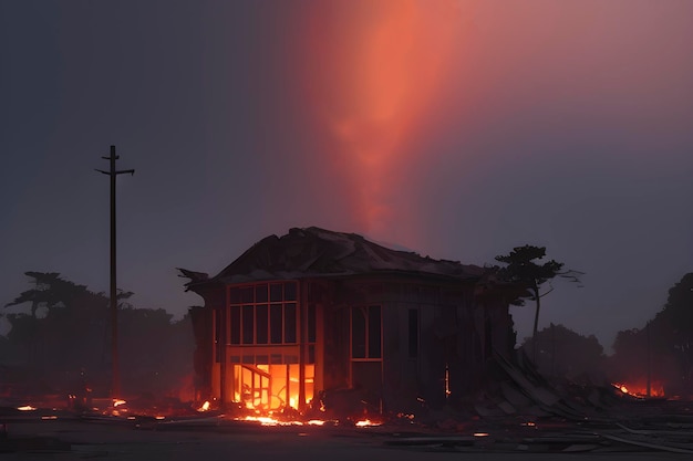 Burning house at night in the dark Projectile hit war dark sky Generative AI