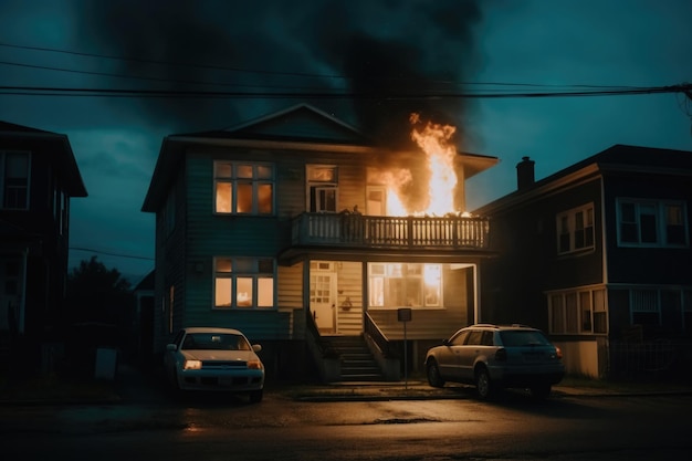 Photo burning house in the night residential house in fire generative ai