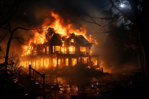 A burning house sitting on fire by the dark night AI Generated