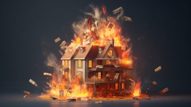 A burning house of stack of money