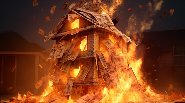 A burning house of stack of money