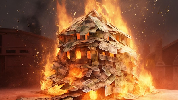 A burning house of stack of money