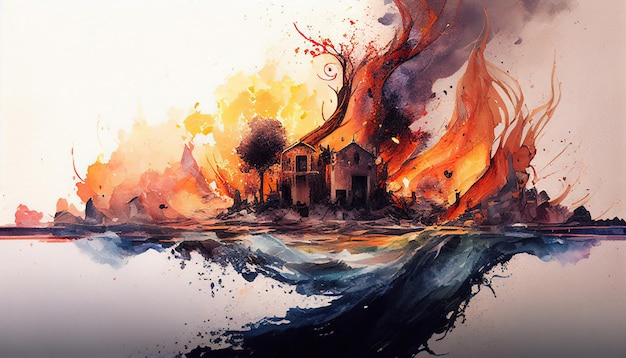 Burning house in watercolor style by Generative AI