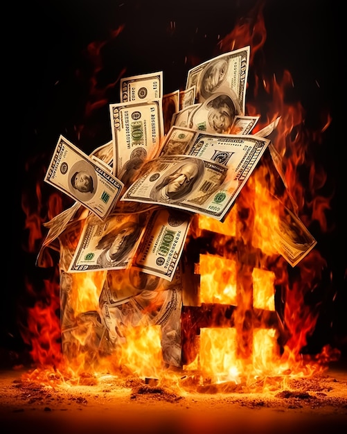 A burning house with one hundred dollar bills on it