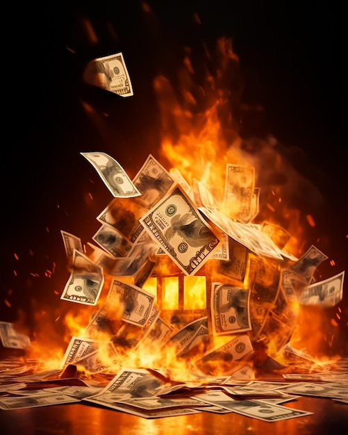 A burning house with a stack of dollar bills on it