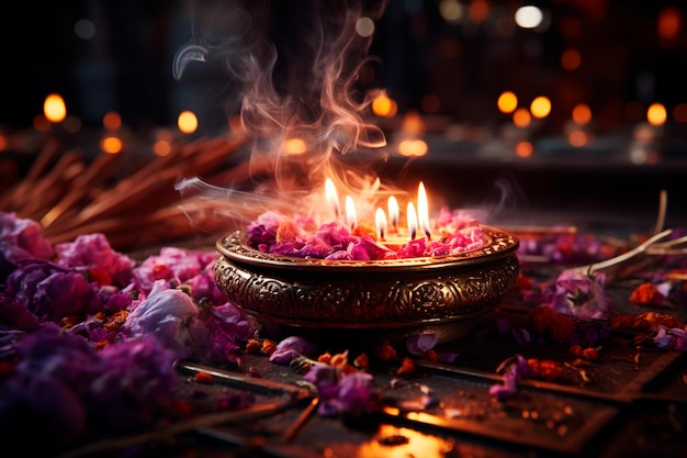 burning incense sticks in a wooden bowl