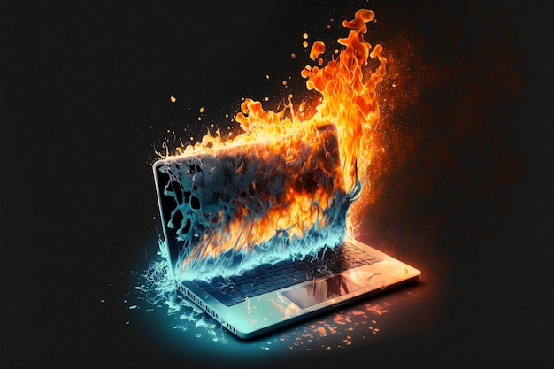 Burning laptop on fire and flames 3d render concept for computer overload, repair, broken electrical