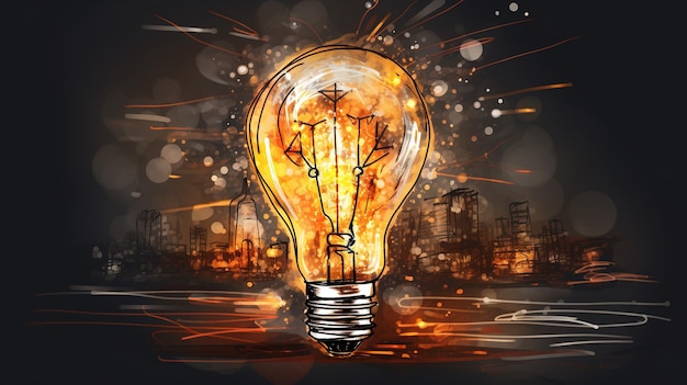 Burning light bulb with a glow inside on a dark background Concept of creative brainstorming idea