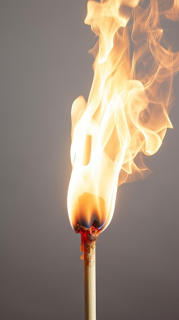 A burning match is shown with a smokey orange flame.