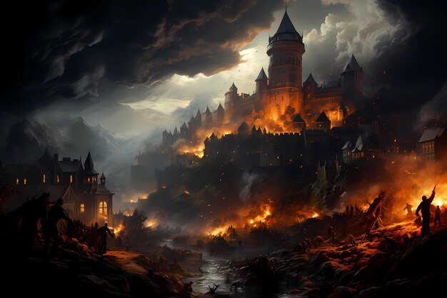 Photo burning medieval city stone building fire ai generated