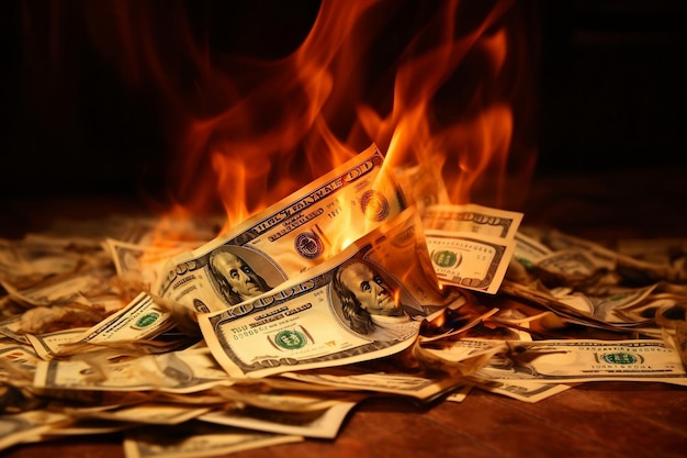 Photo burning money symbolic illustration of financial loss ai