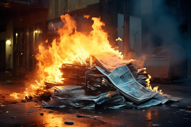 Foto un giornale in fiamme di notte.