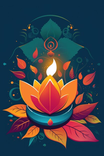 Burning oil lamps with colorful designs from a Diwali festival card